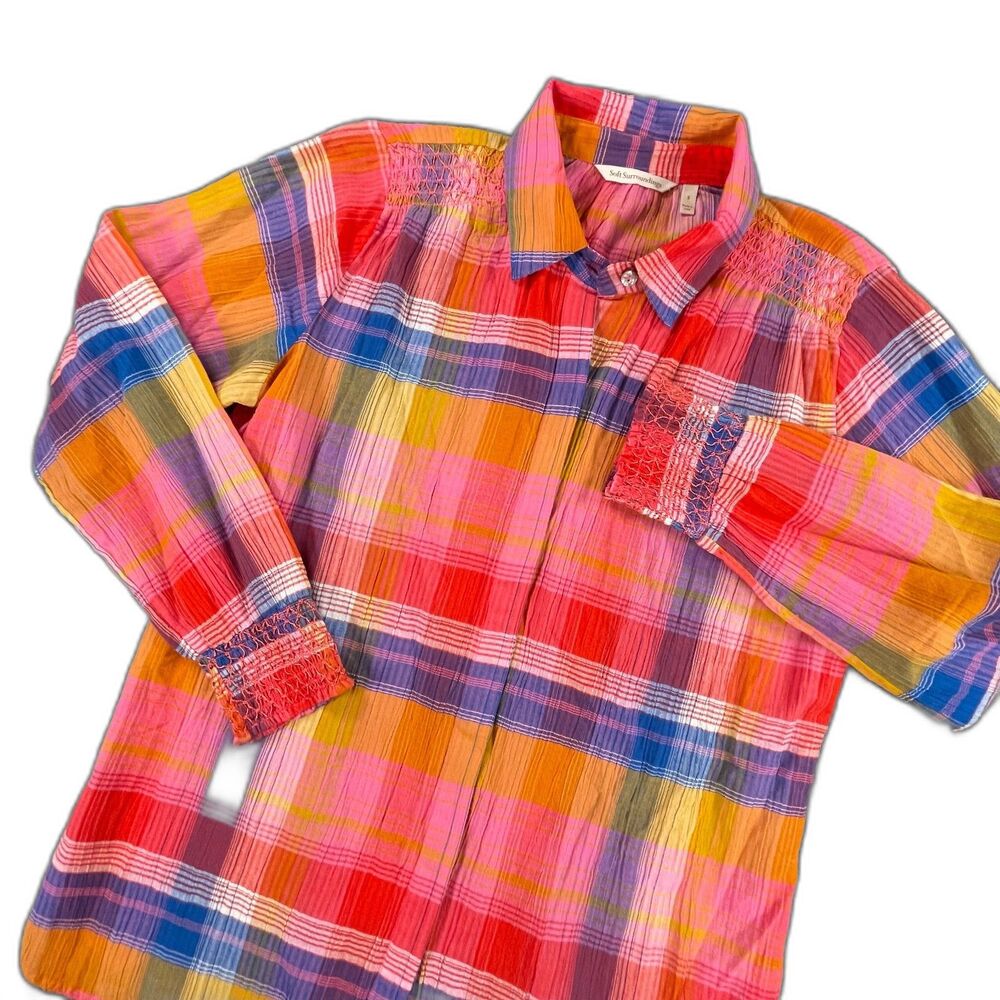 Soft Surroundings Sansonne Plaid Smocked Button Down Shirt‎ Small Pink Cotton
